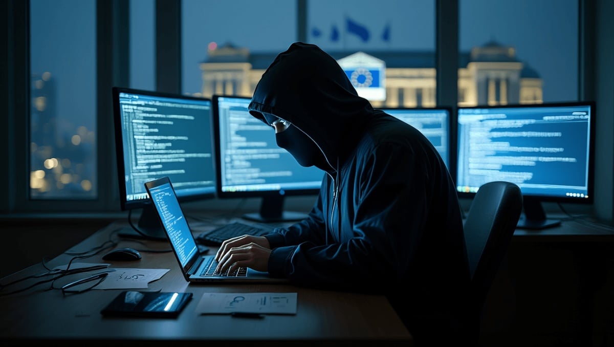 Flags of Europe as seen waving from the flagpoles in front of the EU Commission headquarters.