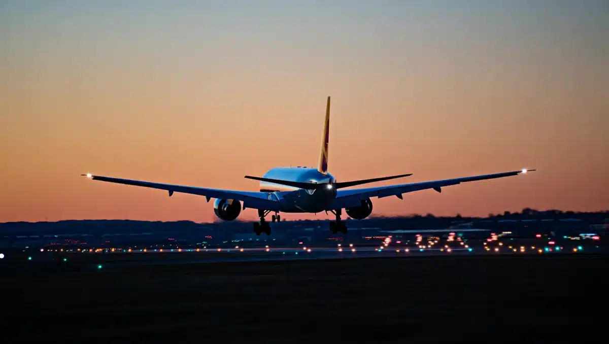Boeing 777 aircraft approaching runway, landing gear visible and extended, airport lights below at dusk, tension.