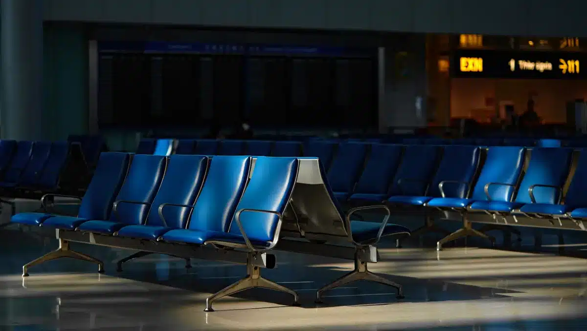 Empty airport terminal gate area at night, abandoned seating, dim lighting, departure board dark, frustration.