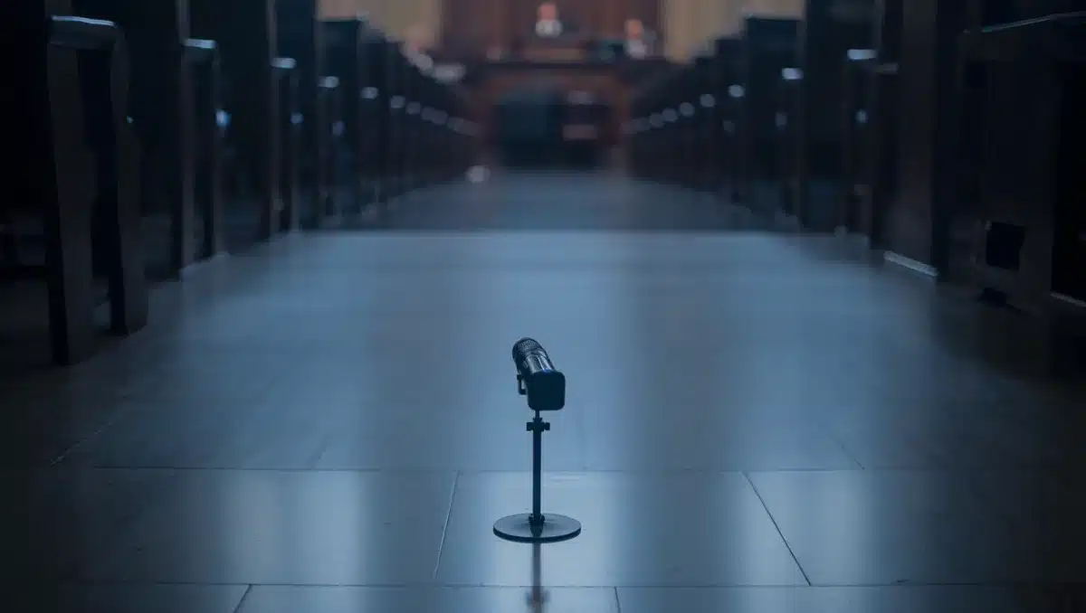 A Michigan state capitol building interior, dim overhead lights casting long shadows on the marble floor, an empty legislative chamber in the background, a single microphone stand in sharp focus — tension.