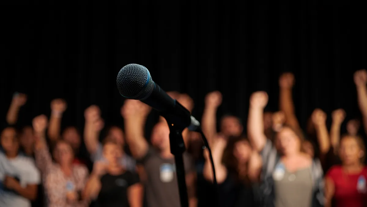A crowded rally stage with anonymous supporters' silhouettes raising fists and arms, stage lights creating dramatic shadows, a single microphone in sharp focus at center, crowd motion blur suggesting energy and movement — power.
