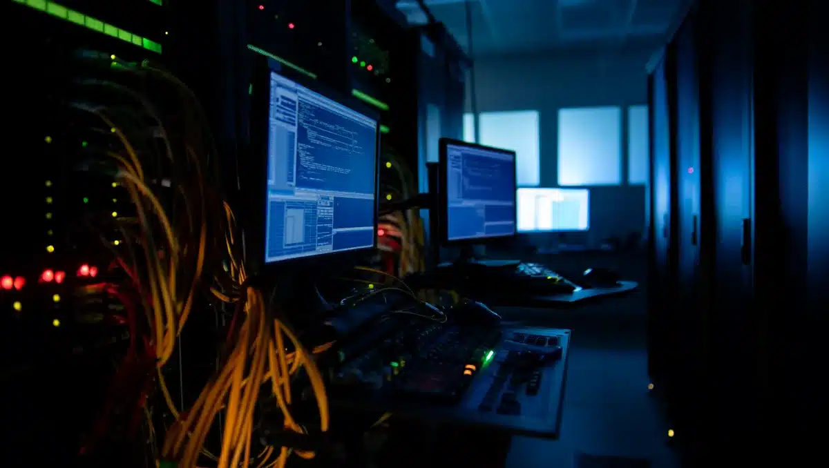 Darkened server room with glowing network cables and monitoring screens, showing digital security breach aftermath | server room cybersecurity breach