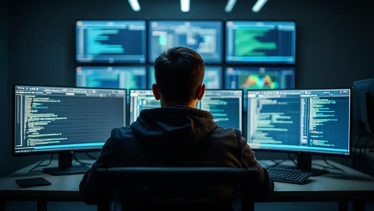 Multiple computer screens displaying code and network traffic patterns in a security operations center, reflecting the complexity of AI-driven attacks | network security monitoring center