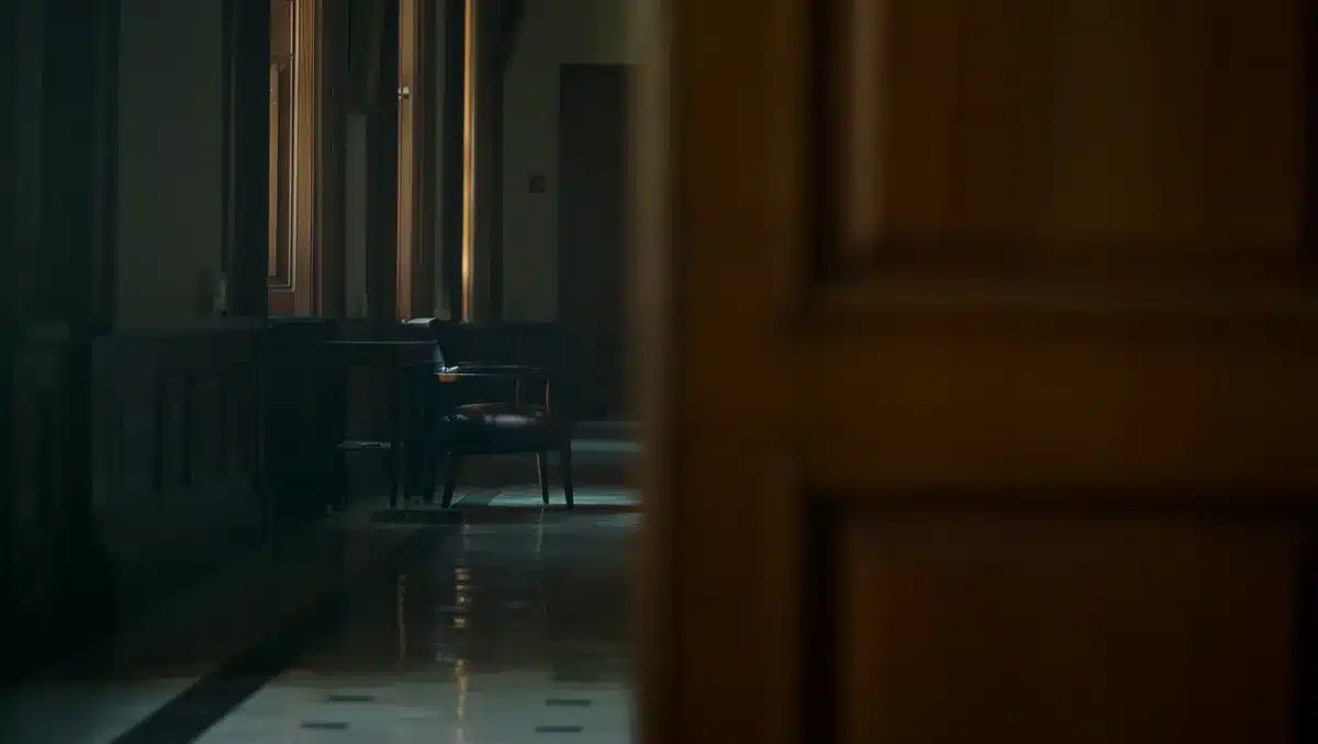 A dimly lit office hallway in a government building, empty except for a single desk chair in shadow, suggesting secrets and power dynamics | office scandal power dynamics