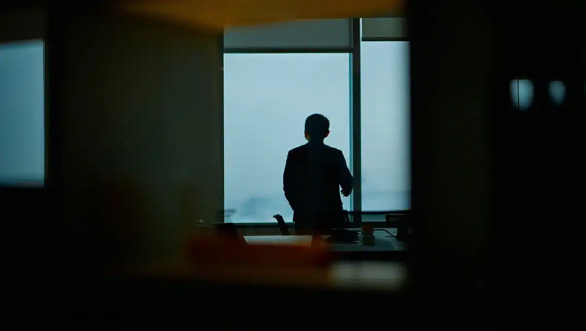 A solitary figure silhouetted against a window in a modern office building at dusk, suggesting the weight of confession and consequences | resignation aftermath confession