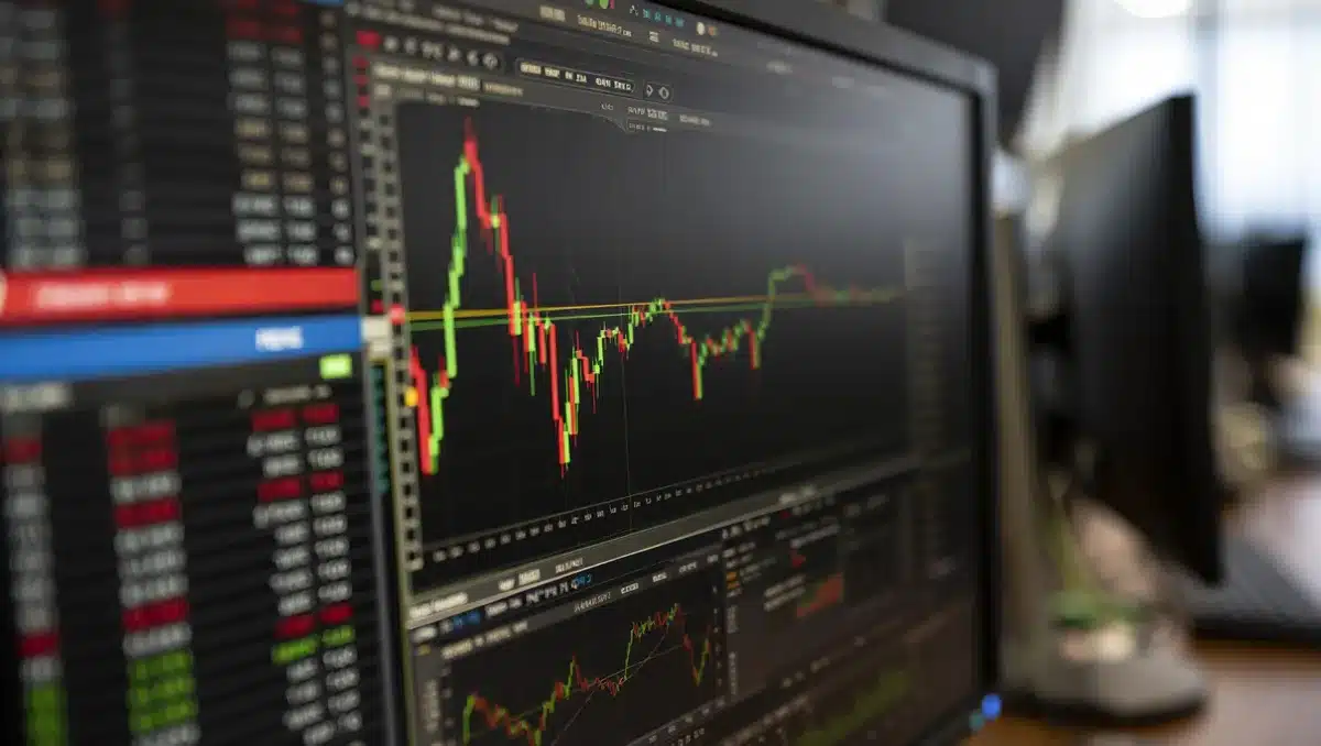 A stock market trading screen showing red and green candlesticks, a cursor hovering over financial data | stock market screen data