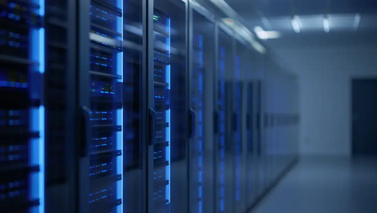 A data center interior with rows of glowing server racks and blue LED lights, emphasizing scale and infrastructure | data center server room