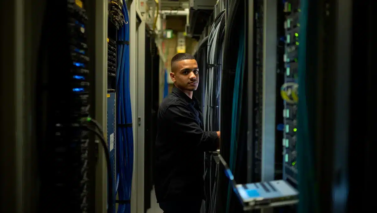 Rows of glowing server racks in a data center with blue and green LED lights, cables stacked vertically, emphasizing infrastructure scale and investment | data center server racks