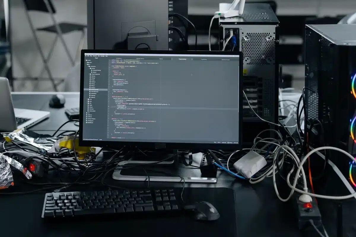 A computer workstation with multiple screens displaying code and AI model architecture diagrams, dimly lit office environment with focus on the glowing monitors