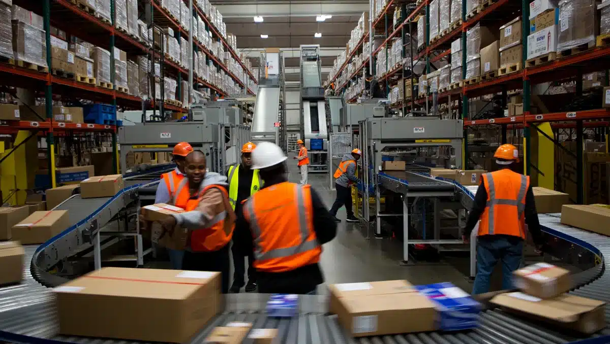 Fulfillment center interior with automated sorting systems and conveyor belts, workers in motion | warehouse automation technology