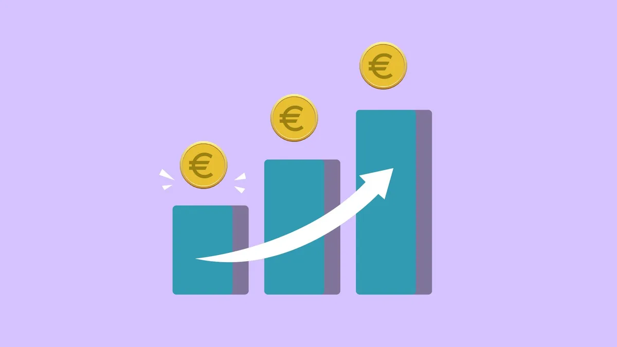 A financial dashboard with rising green line graphs and stacked bar charts showing cloud revenue growth, a cursor hovering over an upward-trending metric