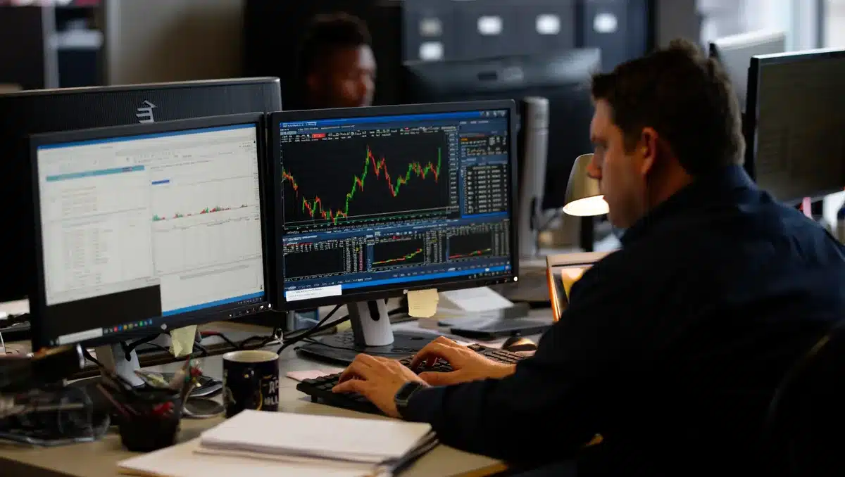 Stock market analyst desk with financial charts displayed on multiple monitors, showing price-target adjustments and valuation metrics, soft office lighting | analyst price targets valuation metrics