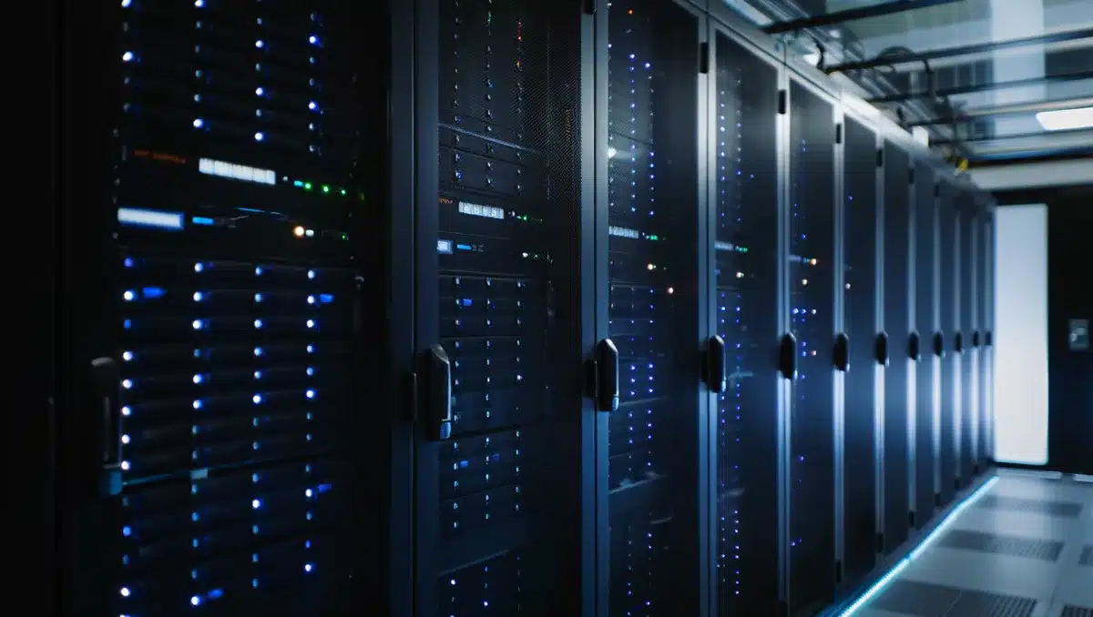 Modern data center interior with rows of server racks illuminated by cool blue light, emphasizing the scale of infrastructure investment | data center server infrastructure