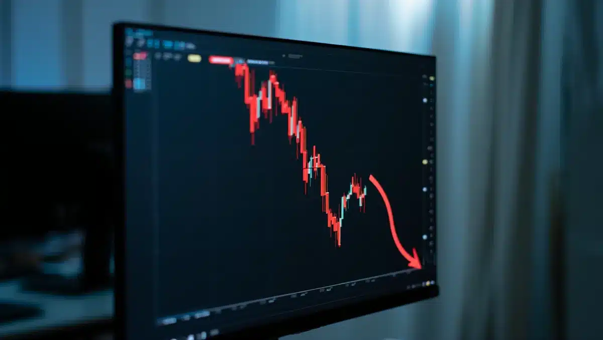 Downward trending stock chart on a dark monitor screen, red candlesticks falling sharply, a single red arrow pointing down overlaid on glowing data, tension | stock market decline semiconductor