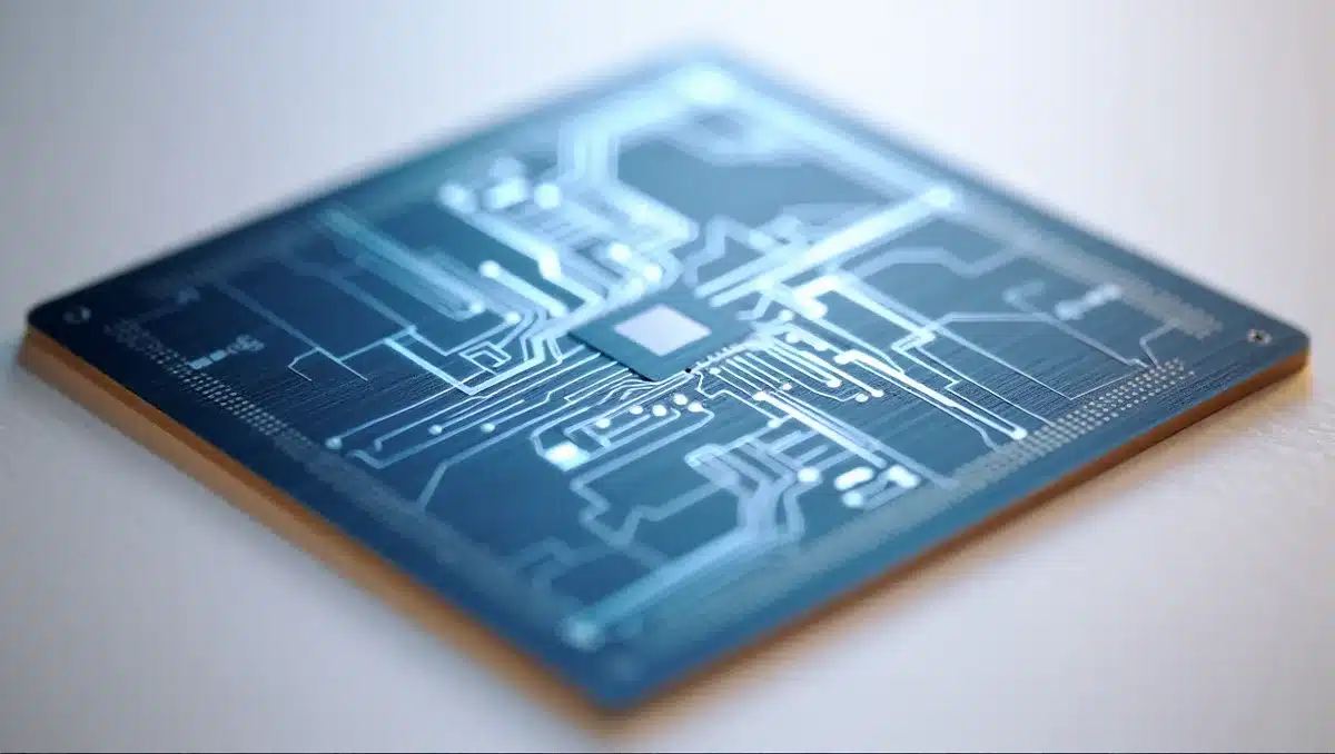 A semiconductor chip under magnification showing intricate circuit patterns glowing faintly, abstract blue and silver circuitry details, representing technological competition and manufacturing complexity, awe | computer chip macro photography