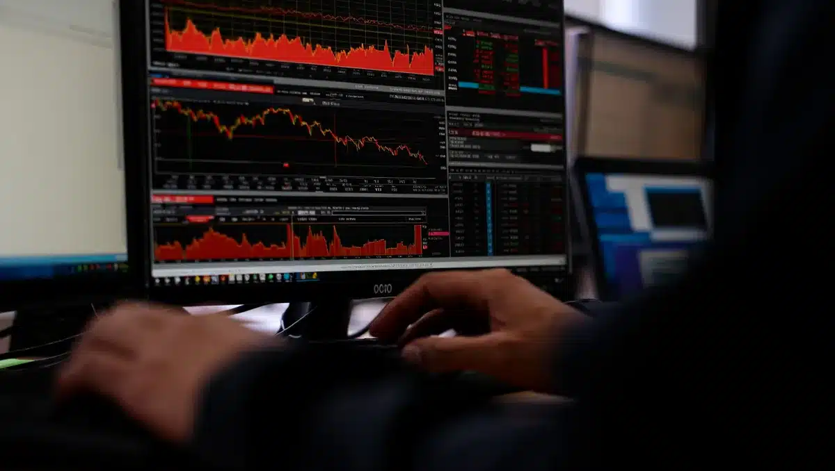 Stock market trading screen showing red semiconductor stock tickers and declining charts | semiconductor stocks decline