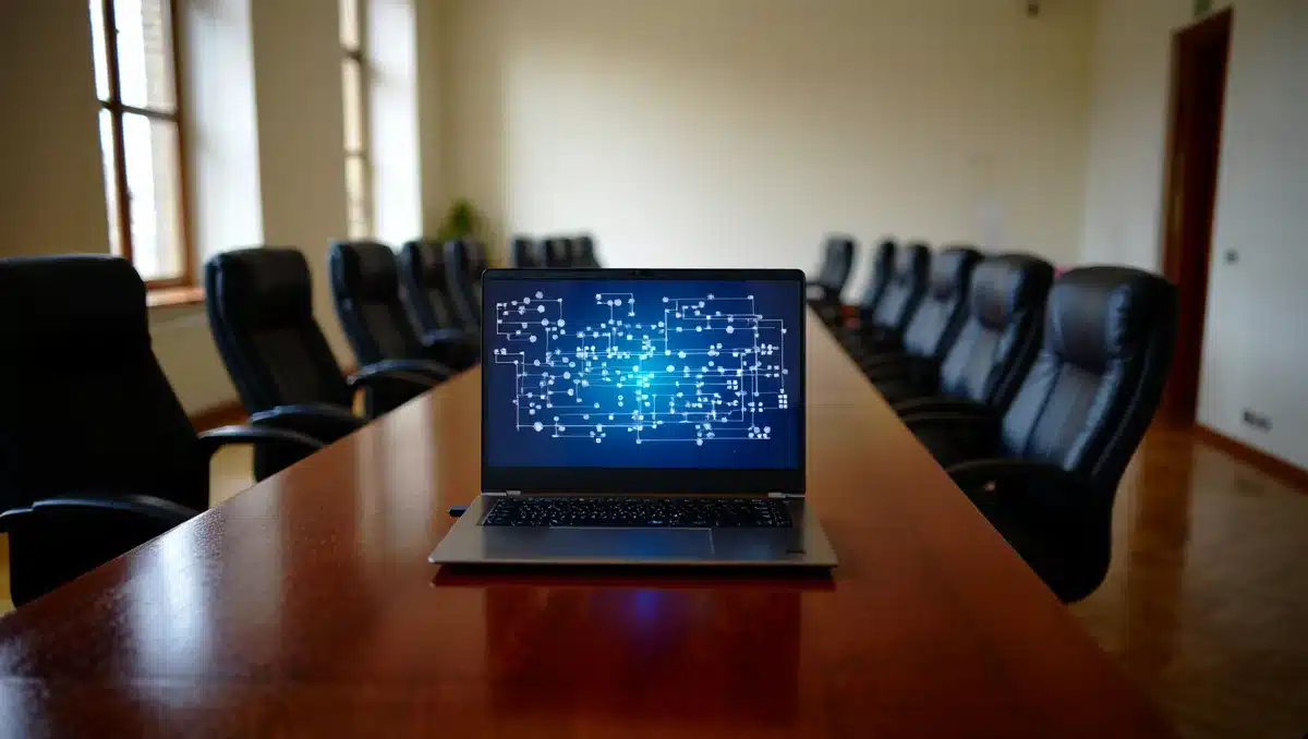 Corporate boardroom with empty chairs and a glowing laptop screen showing AI infrastructure network diagram | AI financing risk
