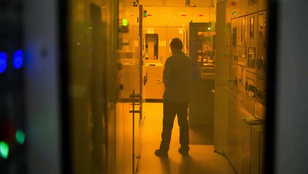Semiconductor manufacturing facility with precision machinery, clean room environment, technician silhouette against glowing control panels | semiconductor manufacturing equipment