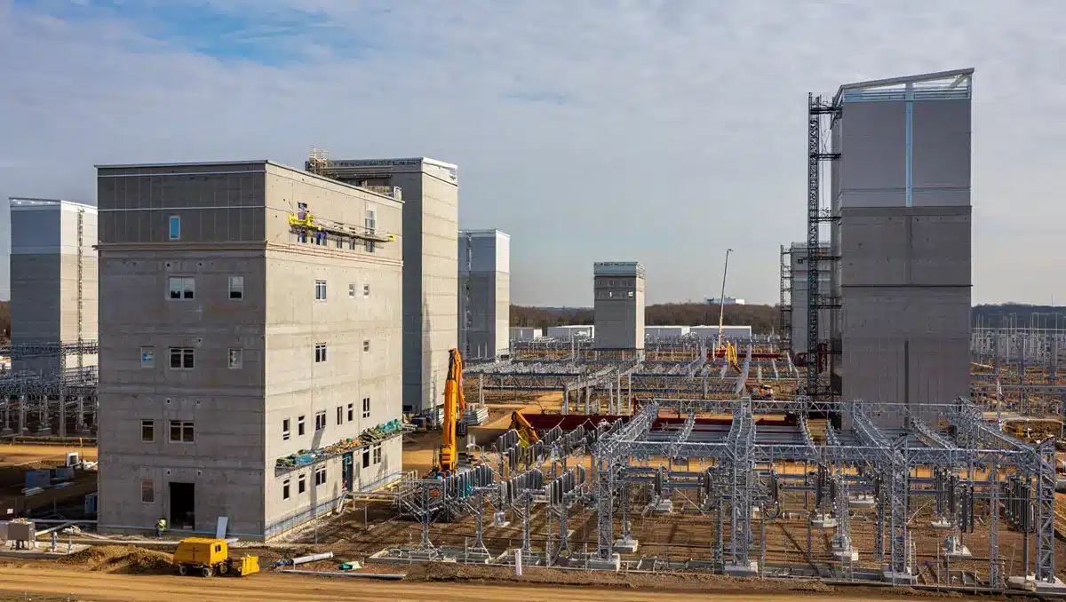 A sprawling data center campus under construction with multiple buildings in various stages of completion, rows of electrical infrastructure and power lines visible, construction equipment on-site, daylight illuminating the scale of the operation | data center construction AI infrastructure