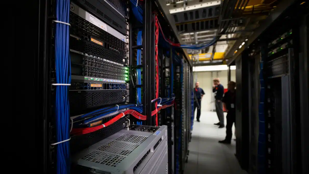 Interior view of a high-performance computing data center with rows of GPU servers and networking equipment, blue and red cable management, cooling systems visible, minimal staff presence, focused lighting on the technical infrastructure | GPU server room data center interior
