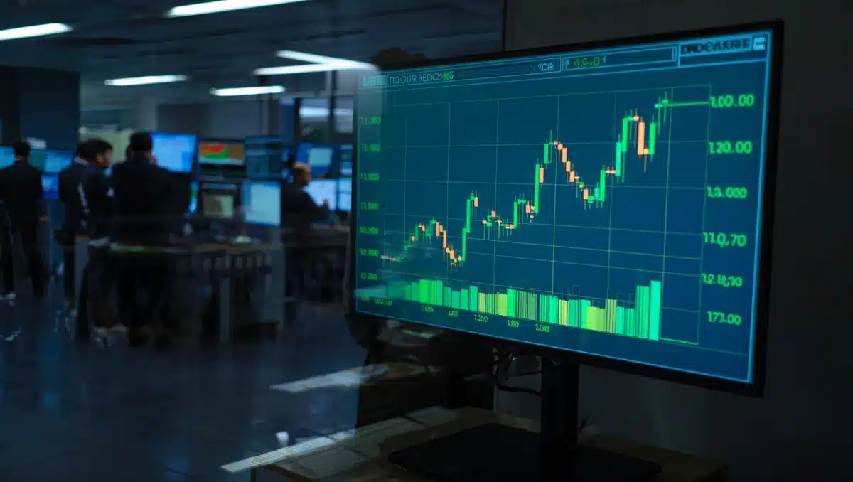 Stock market digital display showing rising green candlestick charts and financial data overlays on a dark trading floor background | stock market ticker display