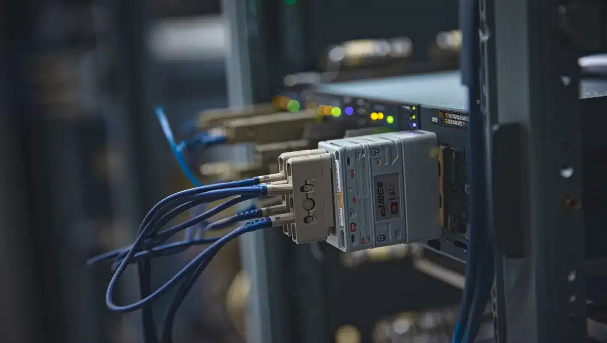 A data center optical networking equipment with fiber connections and LED indicators illuminated | data center optical transceivers