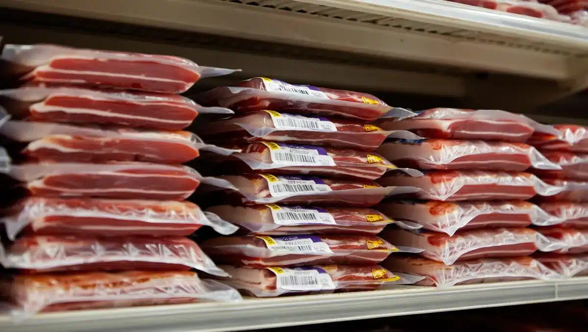 Stacked vacuum-sealed bacon packages on a grocery shelf, with one package highlighted or separated to indicate recall status | grocery store bacon products