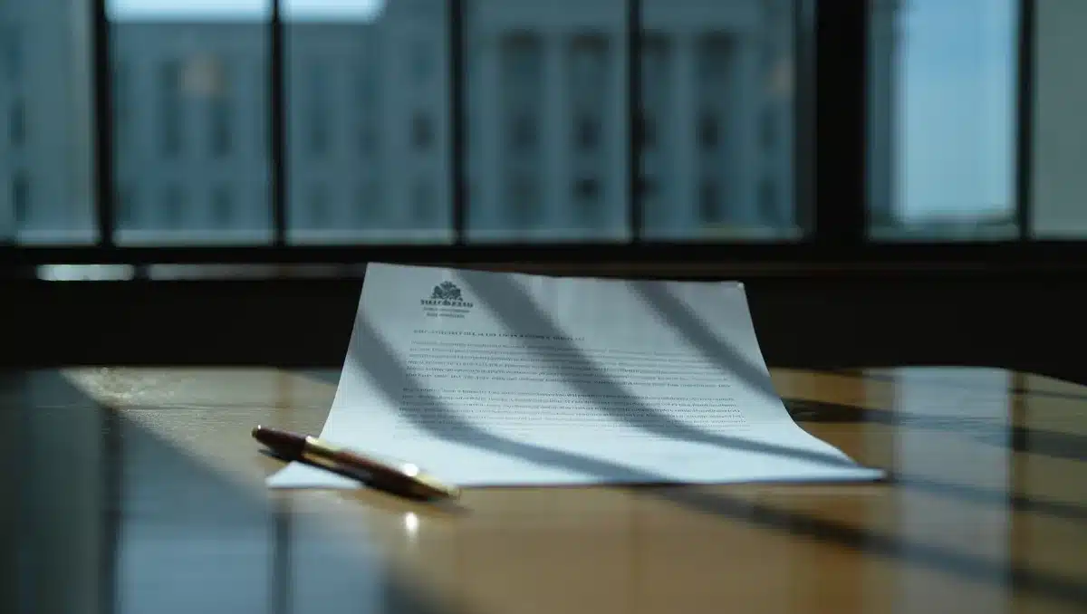 A formal letter on state letterhead lying on a wooden desk, sunlight casting sharp shadows across the paper, a pen resting nearby, official government building visible through a window behind&mdash;tension.