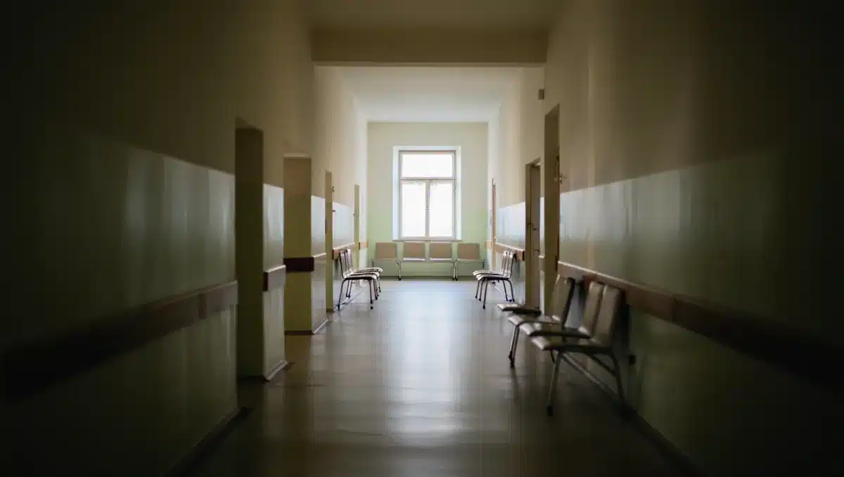 A hospital corridor stretching into soft light, empty chairs lining the walls, a single window showing daylight at the far end, institutional quiet&mdash;absence.