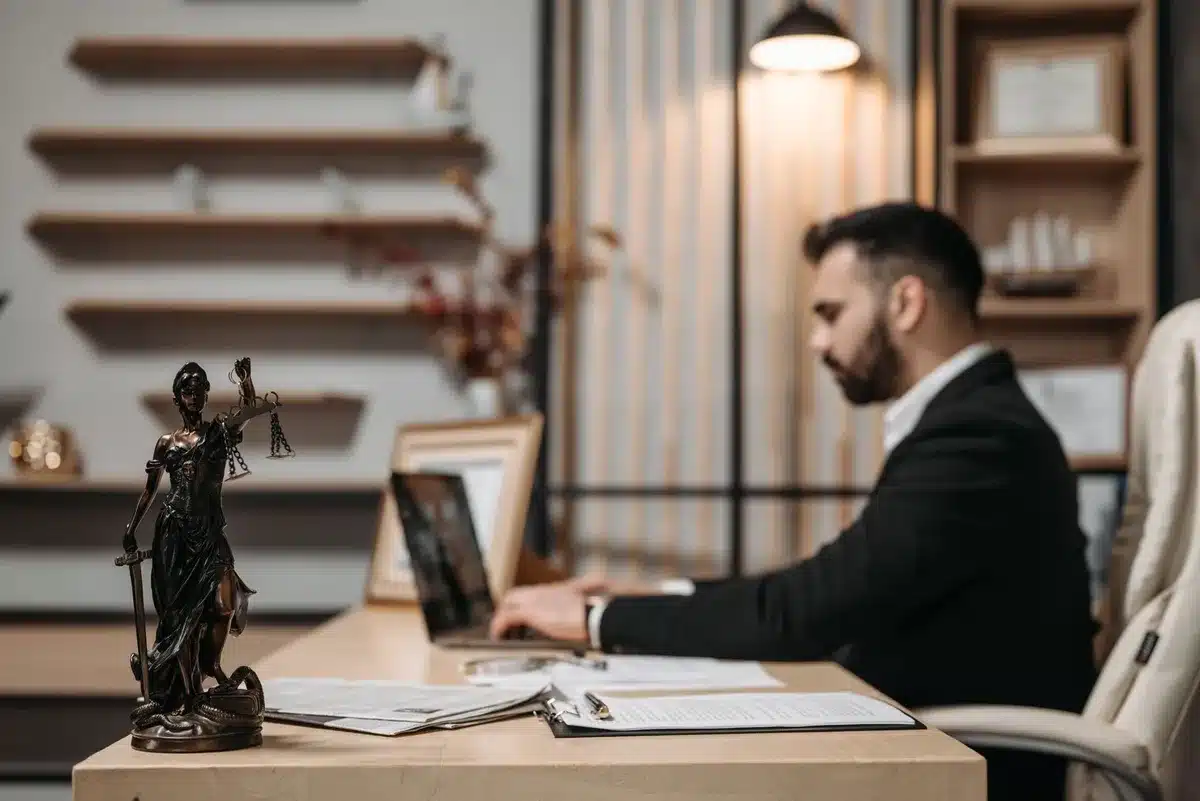 A desk with stacked legal documents and a pen, a gavel resting nearby, soft overhead lighting on official papers, the weight of bureaucratic scrutiny
