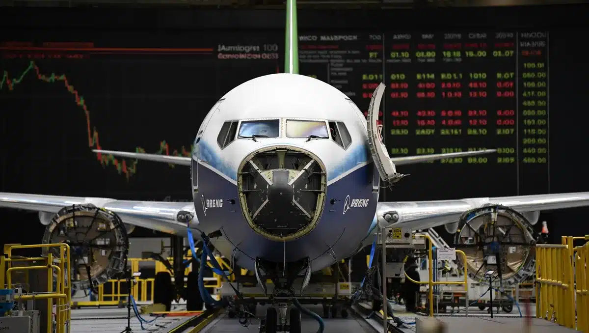 Boeing 737 MAX aircraft on assembly line | stock market screen with aircraft manufacturer data