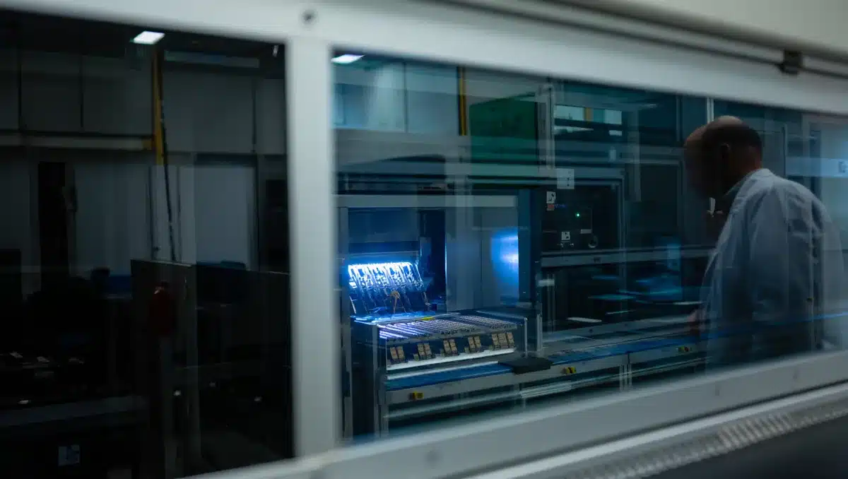 A state-of-the-art semiconductor fabrication facility with glowing equipment under soft blue-white lighting, precision machinery visible through clean glass panels, semiconductor wafers being processed, industrial cleanliness and technological sophistication evident | semiconductor manufacturing facility