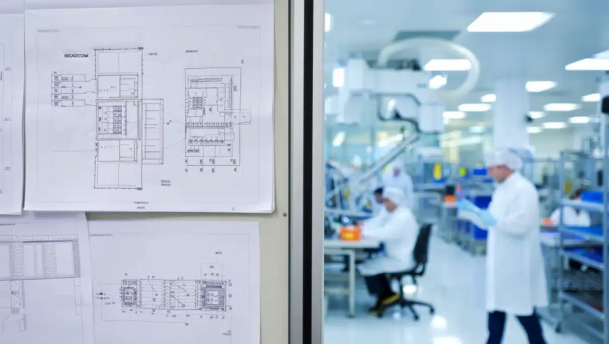 A split-screen comparison showing advanced chip design blueprints on one side and a precision manufacturing environment on the other, representing the merger of Broadcom's design expertise and Samsung's manufacturing capability | chip design and manufacturing