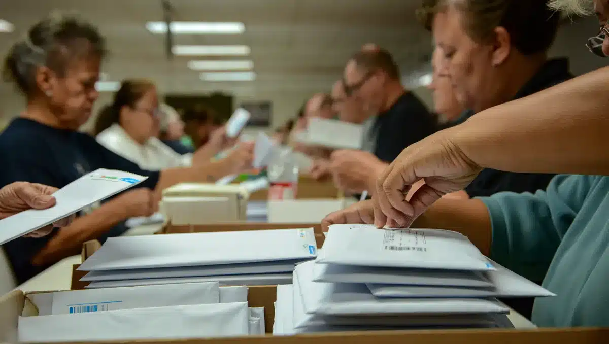 A ballot processing center with workers sorting envelopes under fluorescent lights, stacks of mail ballots in trays, focus on the careful handling of official documents | ballot processing mail sorting election