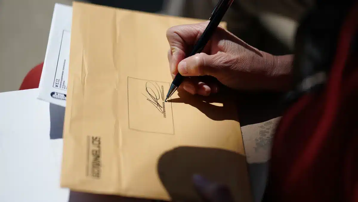 A close-up of a voter's hand signing a mail ballot envelope, pen positioned over the signature line, official ballot envelope visible with printed instructions | voting signature mail ballot