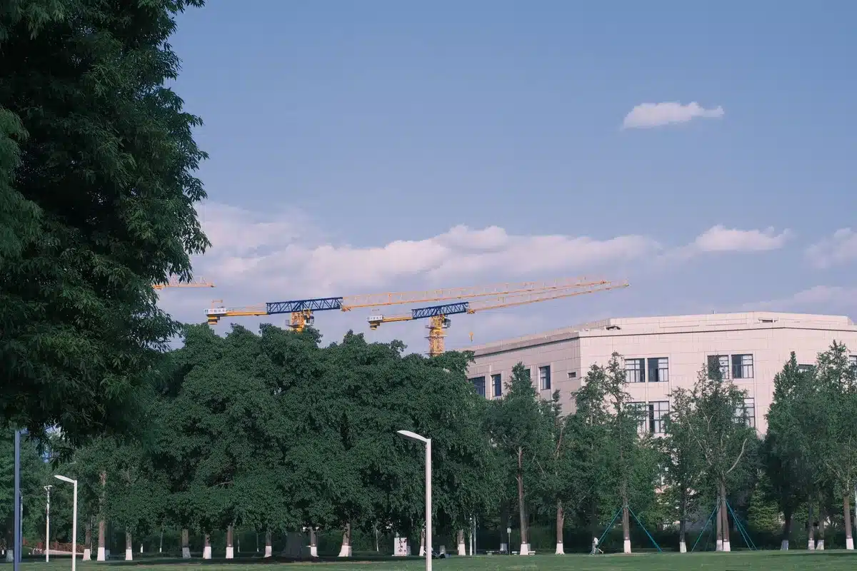 Empty industrial construction site with cranes silhouetted against a gray sky, warning barriers and halted equipment visible