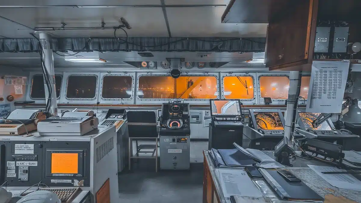 A military command center with officers reviewing strategic documents and charts on illuminated screens, conveying institutional power and decision-making authority.