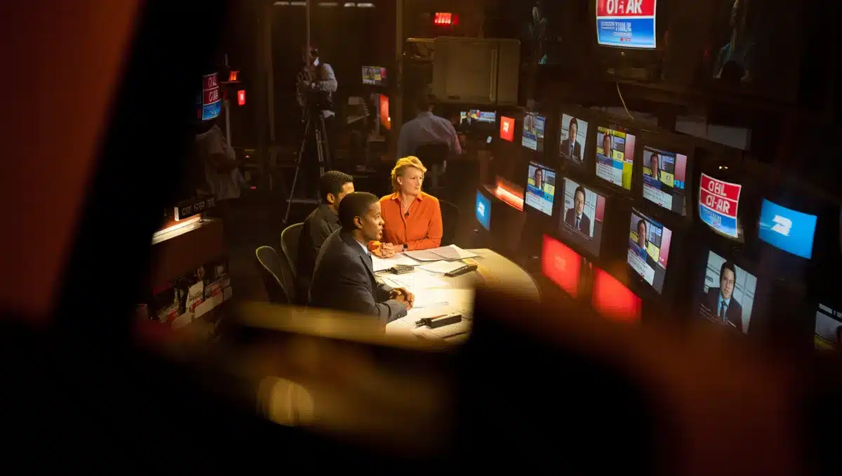 A broadcast news studio with multiple screens displaying live feeds and news tickers, anchors reviewing scripts at a desk, red and blue on-air indicators glowing, the controlled chaos of a 24-hour newsroom in motion | news broadcast studio
