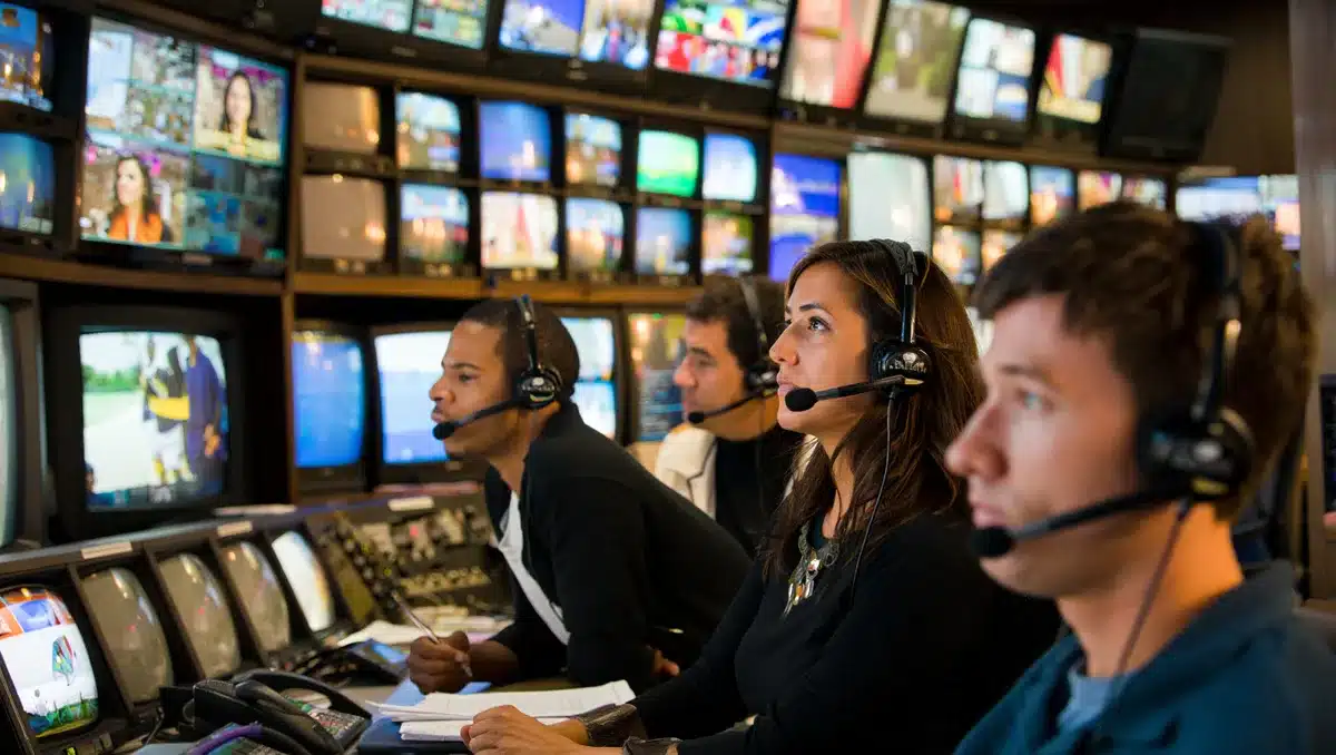 A wall of television monitors in a newsroom control room, each displaying different news feeds and international locations, producers wearing headsets managing the feeds, the glow of screens illuminating focused faces | newsroom control room monitors