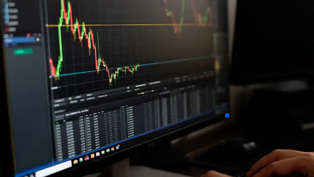 A cryptocurrency exchange trading interface showing candlestick charts and order books with a dimly lit digital atmosphere | crypto trading platform screen