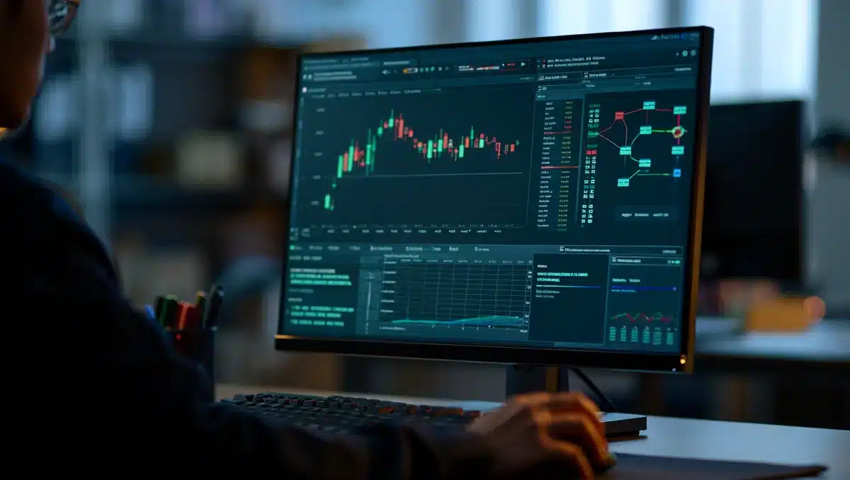A digital financial dashboard displaying real-time market data, stablecoin transaction flows, and blockchain activity with glowing metrics | blockchain transaction monitoring