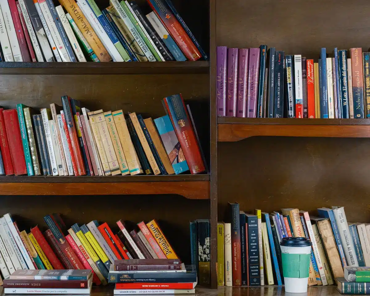 Stack of diverse books with varied spines and colors, representing American literary diversity and multicultural literature