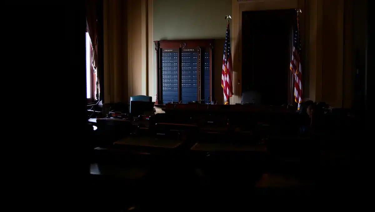 Capitol chamber interior with empty voting board, lawmakers' desks in shadow, American flags dimly lit | Congress voting chamber