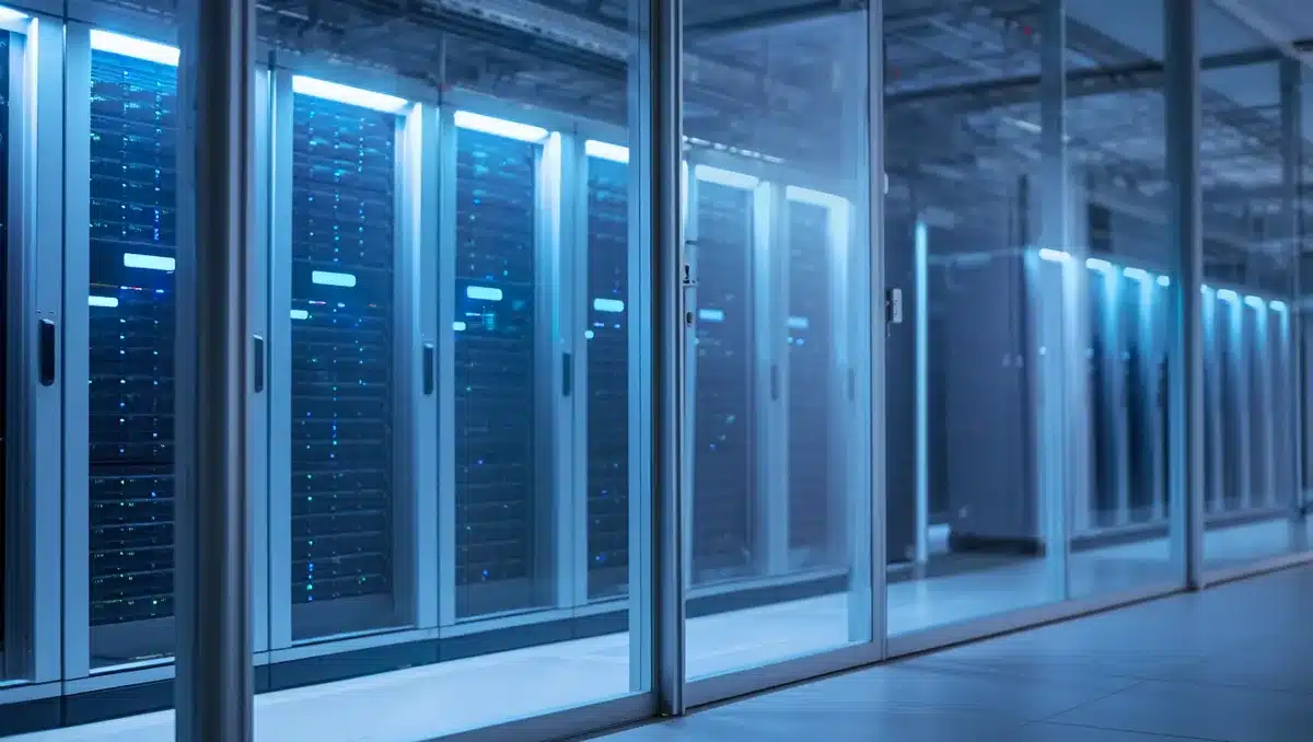 A sleek government data center facility with secure server racks glowing under blue accent lighting, isolated behind reinforced glass, representing secure federal AI infrastructure | federal data center security