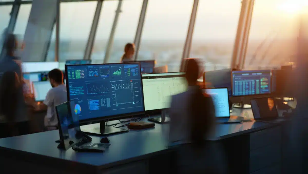 A modern glass-walled command center with multiple screens displaying real-time data analytics and AI-powered intelligence workflows, with blurred figures monitoring operations | intelligence operations center