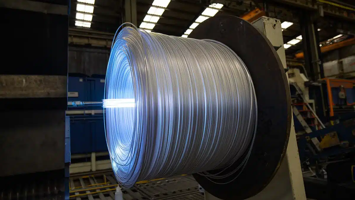 A modern fiber optic cable spooled on industrial equipment in a manufacturing facility, glowing strands under bright overhead lighting, emphasizing technological precision | fiber optic manufacturing facility