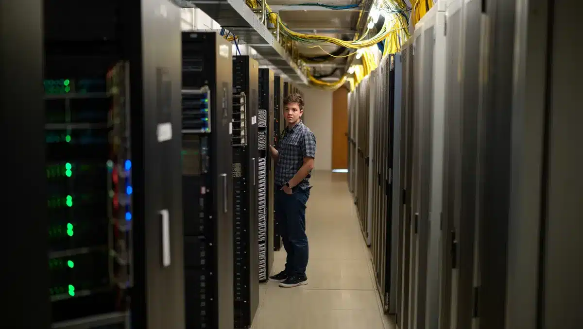 Rows of server racks in a data center with blue and green LED indicators, fiber optic cables running overhead in organized bundles, representing the infrastructure backbone of AI systems | data center server infrastructure