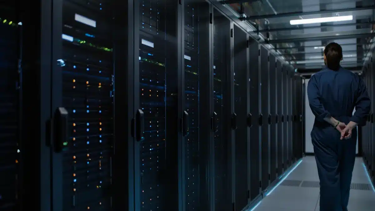 Secure government data center with server racks and security features | government AI infrastructure facility