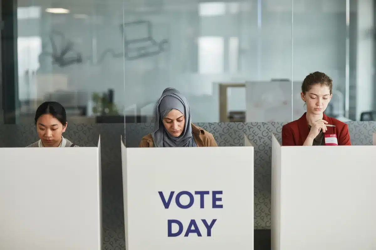 A formal government office setting with voting records and election documents displayed, representing ballot eligibility verification and candidate qualification reviews.
