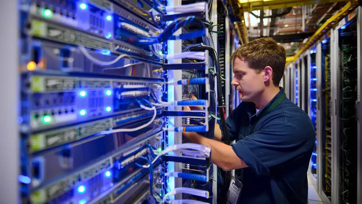 Data center interior with rows of server equipment, blue and white LED lights illuminating racks, cables organized, cool tones, power and scale | data center servers AI